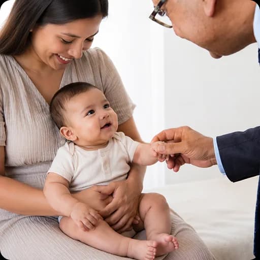 Doctor examining a baby held by its mother