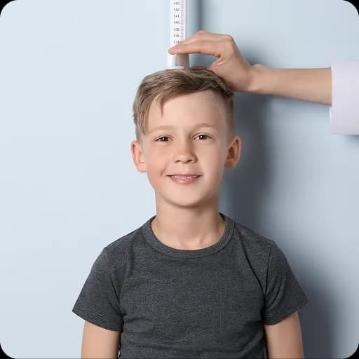 Smiling boy having his height measured