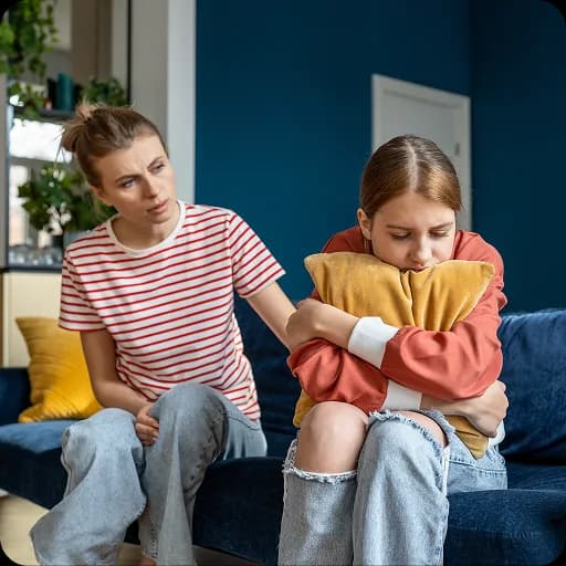 Mother comforting a daughter on a sofa