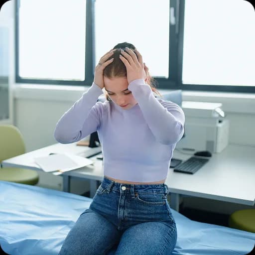 Teenage girl sitting on a bed holding her head