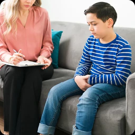Boy talking with a therapist on a sofa