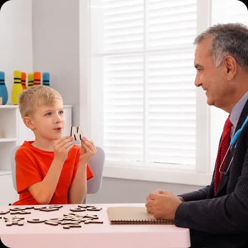 Paediatrician talking with a young boy