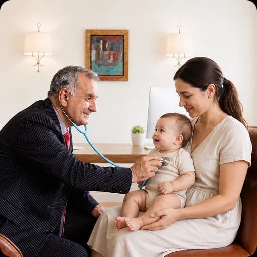 Consultant listening to a baby’s chest while the mother holds them