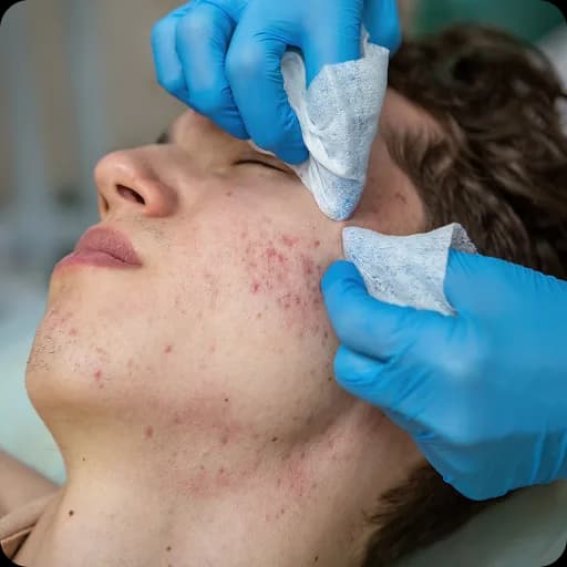 Gloved hands examining a teenager's acne