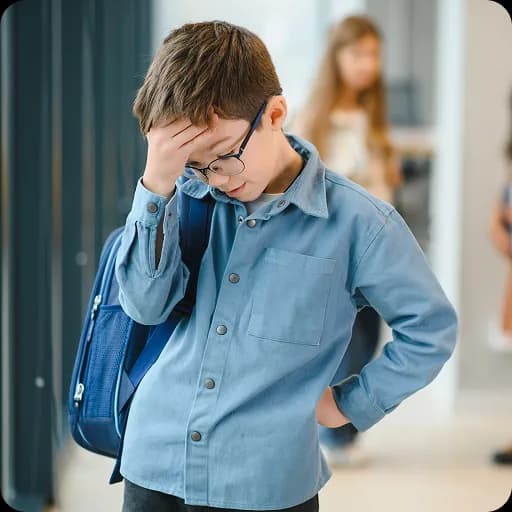 Boy looking anxious in a school corridor