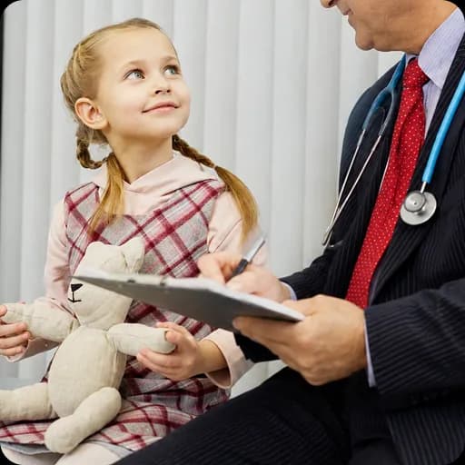 Paediatrician with a young girl and her teddy