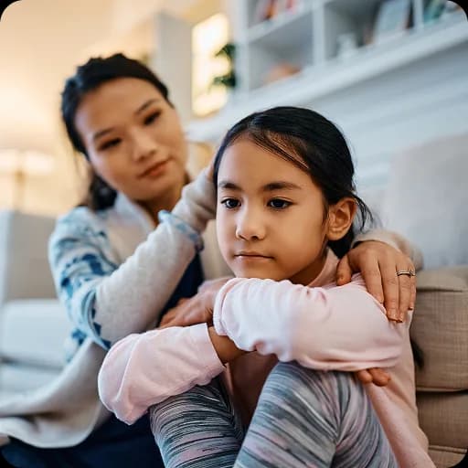 Two girls sitting together looking worried