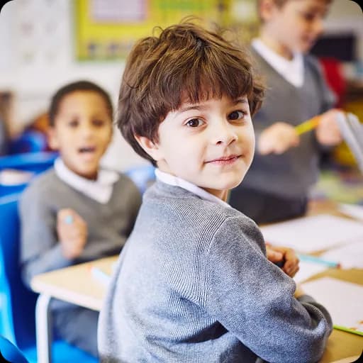 Young boy smiling in a classroom