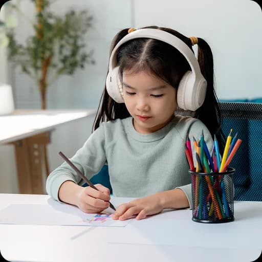 Girl with headphones drawing at a table