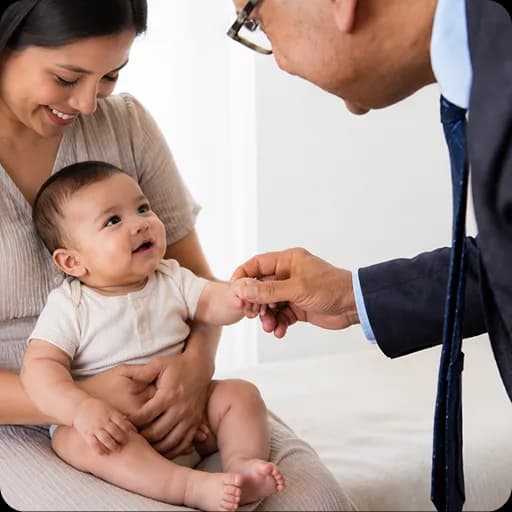 Doctor greeting a baby held by its mother