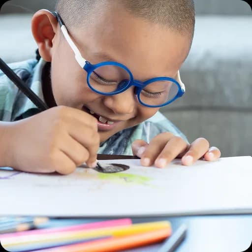 Boy with glasses drawing at a table