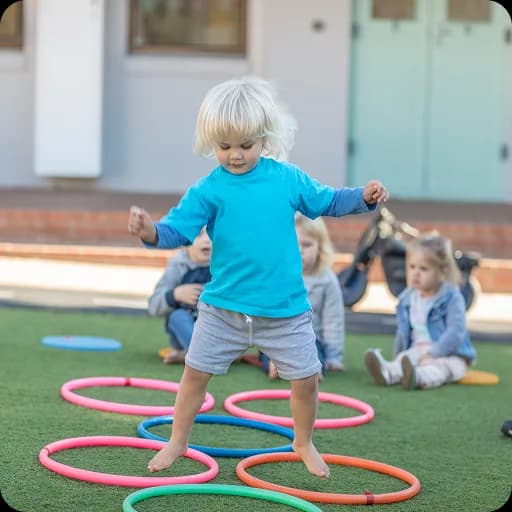 Child playing with hoops on artificial grass