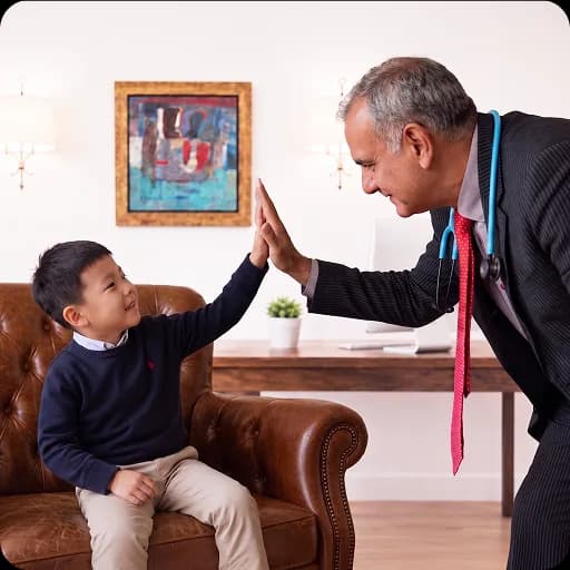 Paediatrician giving a high five to a young boy