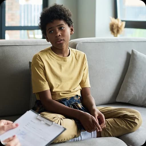 Child talking with a therapist on a sofa