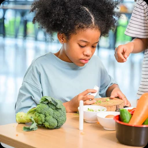 Girl eating vegetables at a table