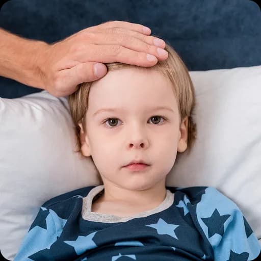 Child lying down with a hand on their forehead