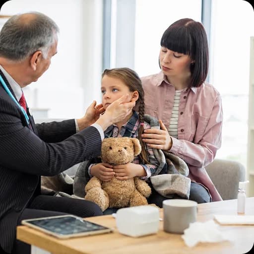 Paediatrician examining a girl with her mother