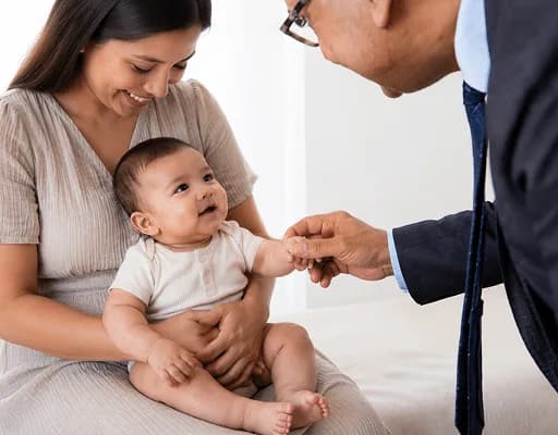 Paediatrician examining a baby held by its mother