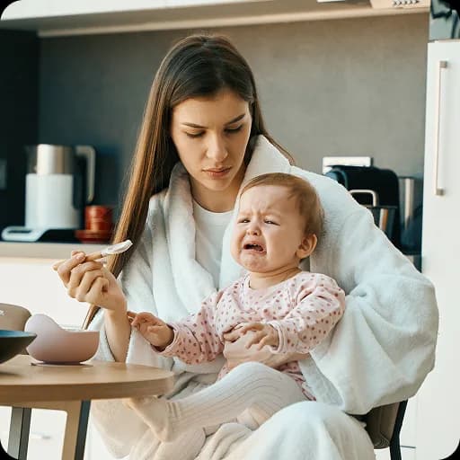 Mother feeding a baby at a table