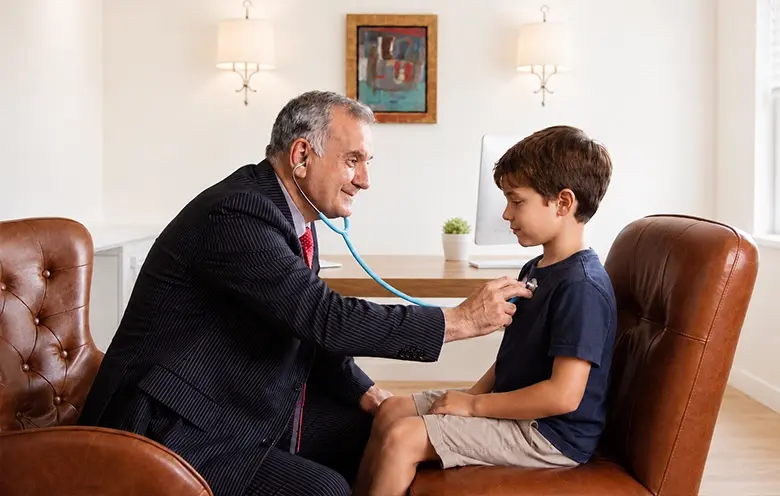 Paediatrician talking with a young boy