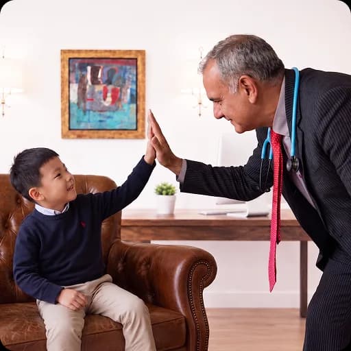 Paediatrician giving a high five to a young boy