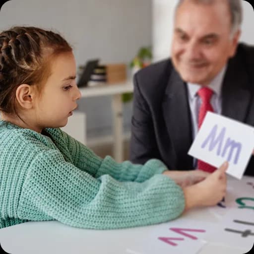 Paediatrician showing a card to a young girl